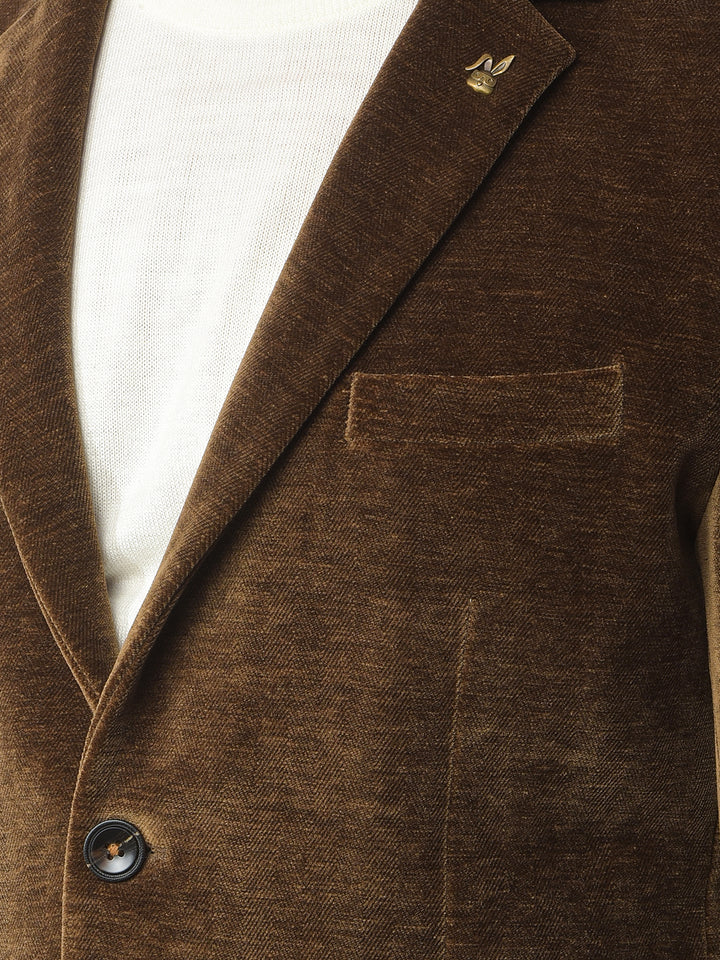 Brown Single-Breasted Velvet Blazer-Men Blazers-Crimsoune Club