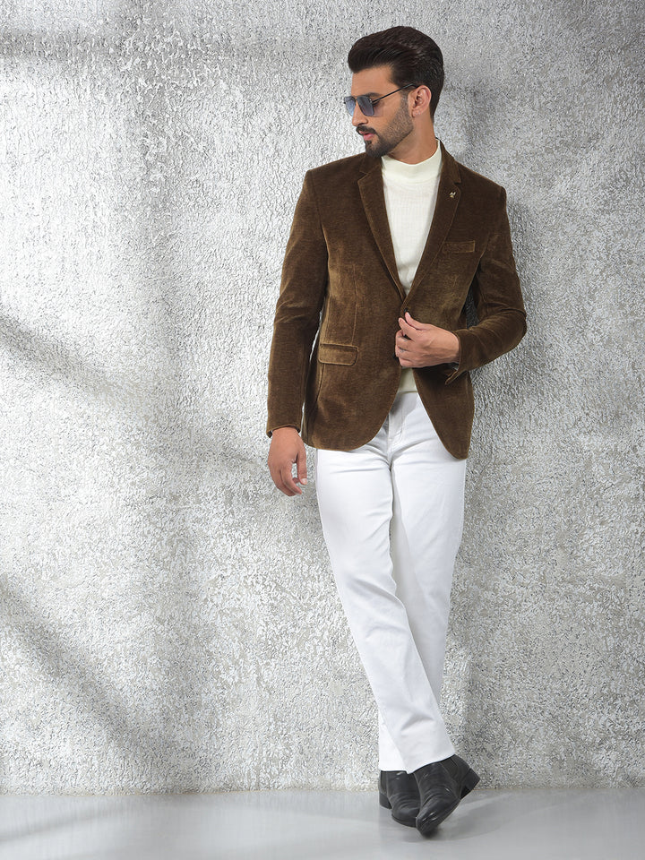 Brown Single-Breasted Velvet Blazer-Men Blazers-Crimsoune Club