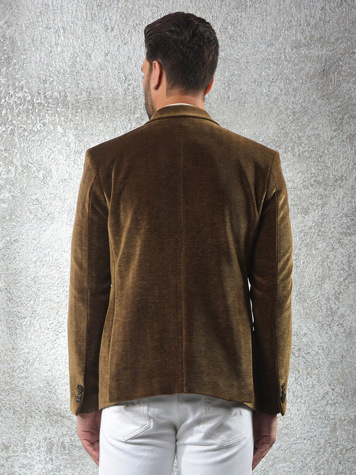 Brown Single-Breasted Velvet Blazer-Men Blazers-Crimsoune Club