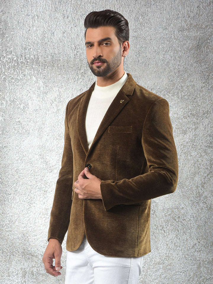 Brown Single-Breasted Velvet Blazer-Men Blazers-Crimsoune Club