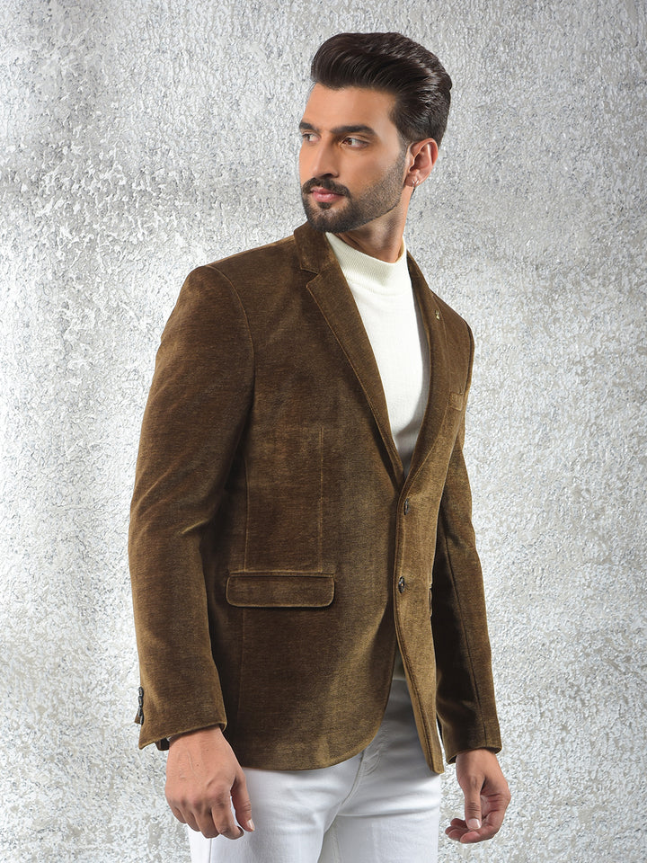 Brown Single-Breasted Velvet Blazer-Men Blazers-Crimsoune Club