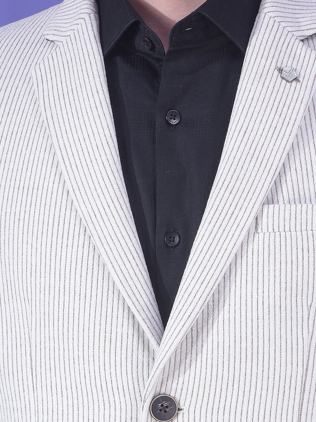 Beige Vertical Stripes Notched Lapel Single-Breasted Blazer-Men Blazers-Crimsoune Club
