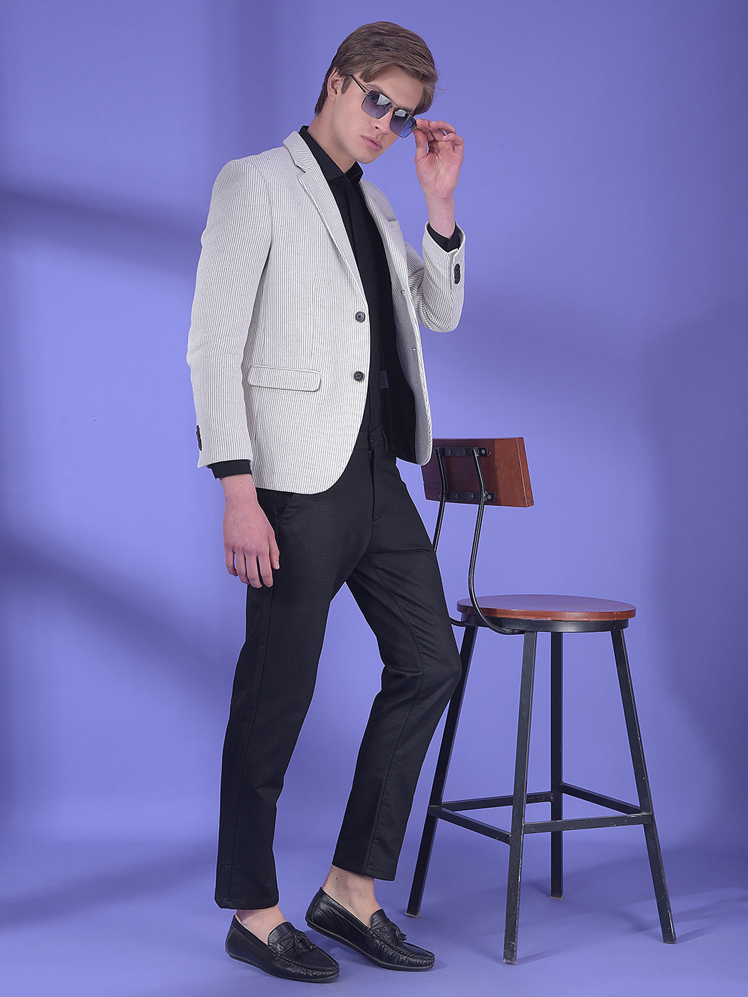 Beige Vertical Stripes Notched Lapel Single-Breasted Blazer-Men Blazers-Crimsoune Club