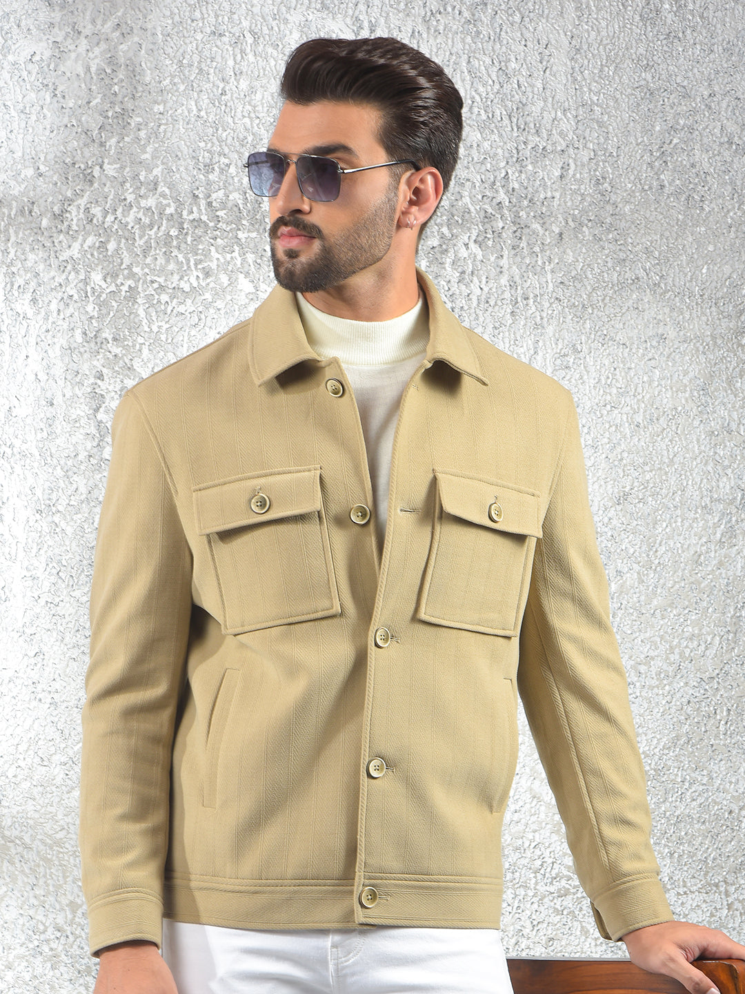 Beige Vertical Stripes Double Front-Pocket Shacket-Men Shackets-Crimsoune Club