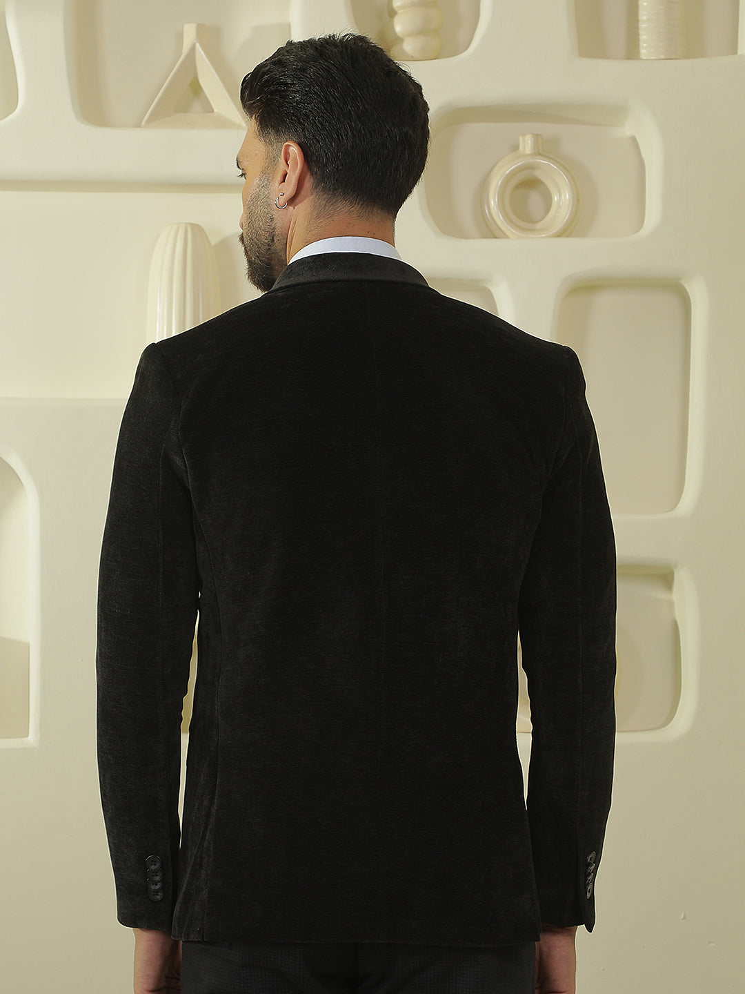 Black Double Breasted Notch Lapel Blazer-Men Blazers-Crimsoune Club