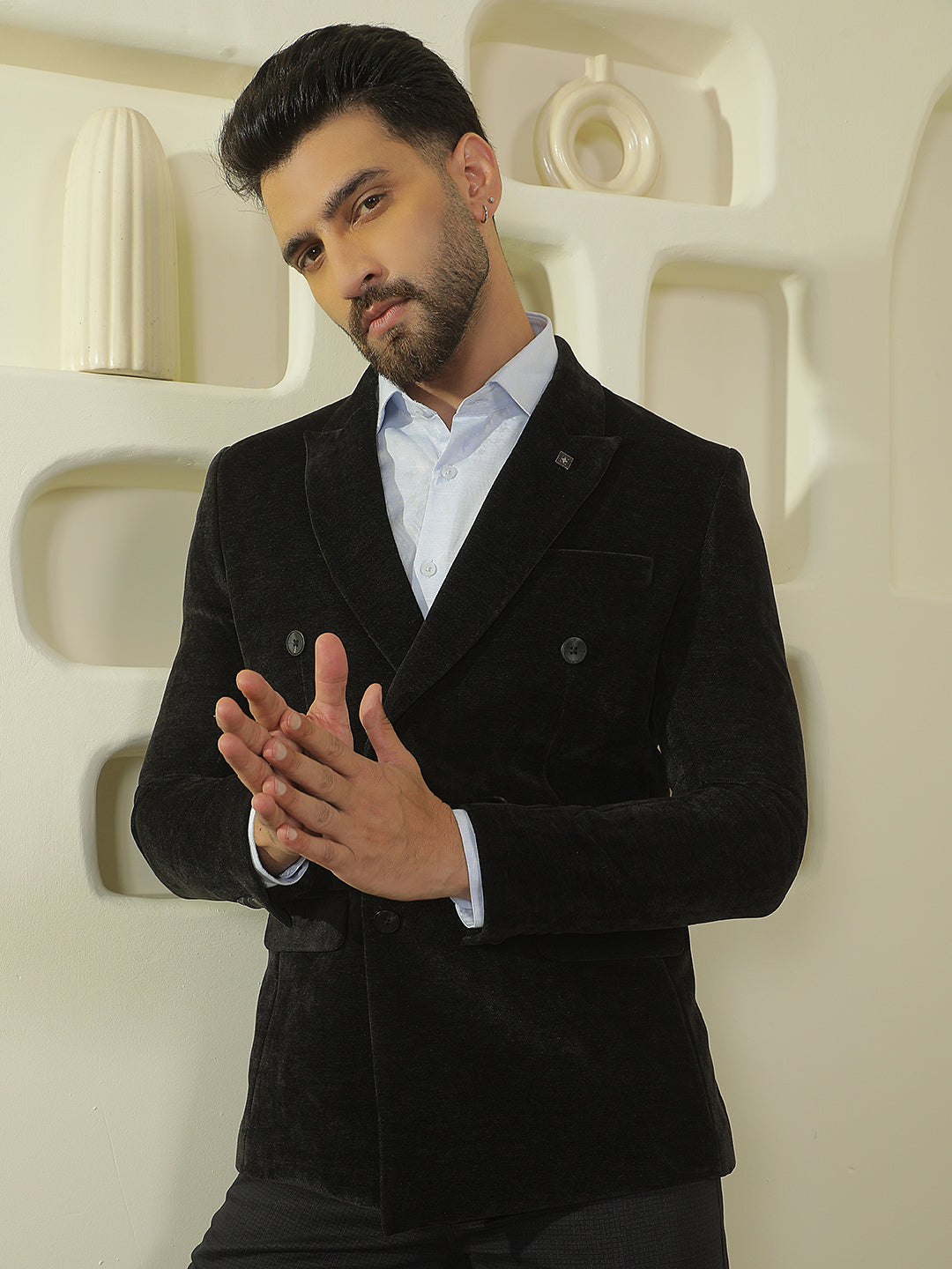 Black Double Breasted Notch Lapel Blazer-Men Blazers-Crimsoune Club