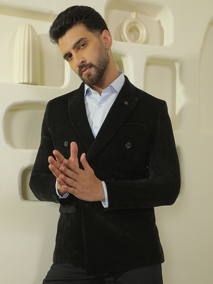 Black Double Breasted Notch Lapel Blazer-Men Blazers-Crimsoune Club