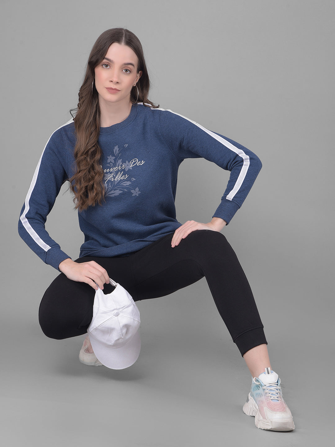 Blue Printed Sweatshirt-Women Sweatshirts-Crimsoune Club