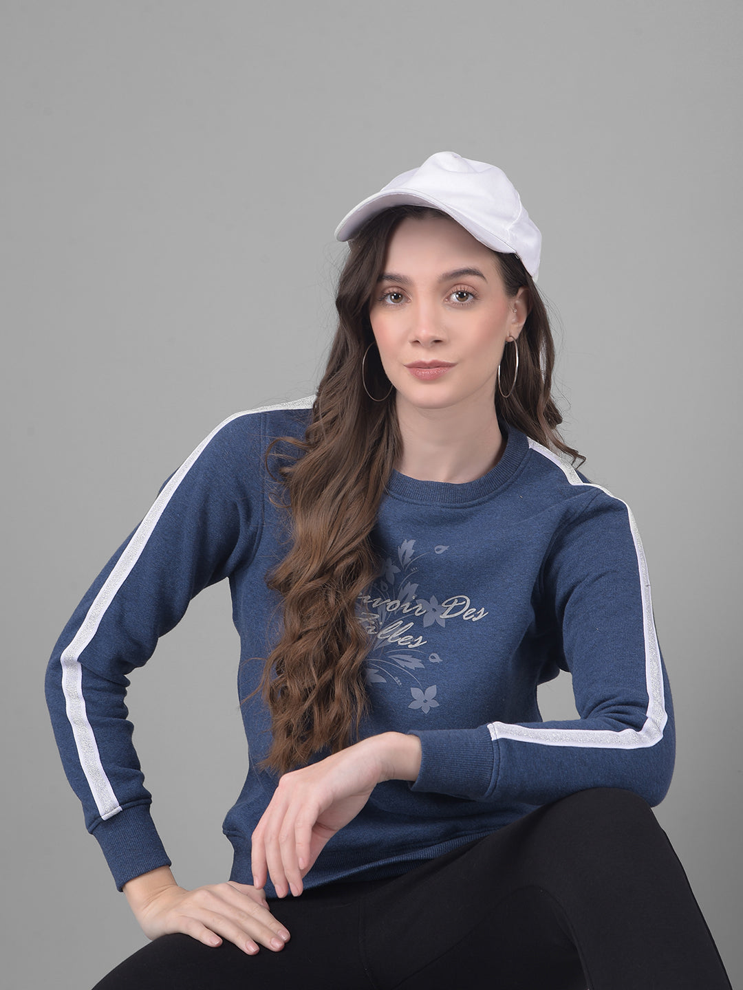 Blue Printed Sweatshirt-Women Sweatshirts-Crimsoune Club