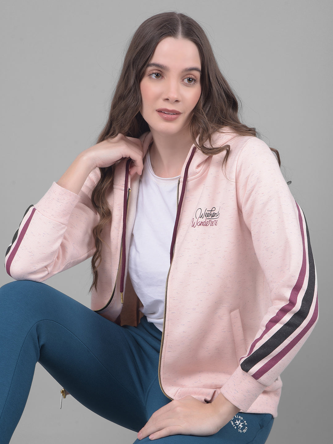 Peach Printed Hodded Sweatshirt-Women Sweatshirts-Crimsoune Club