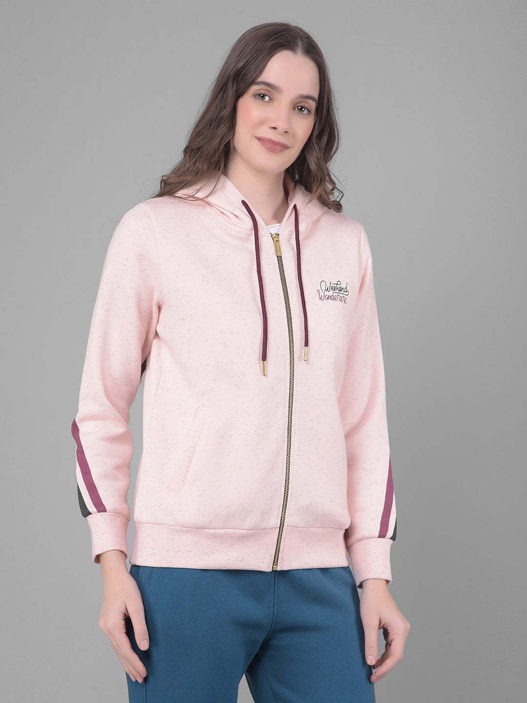 Peach Printed Hodded Sweatshirt-Women Sweatshirts-Crimsoune Club