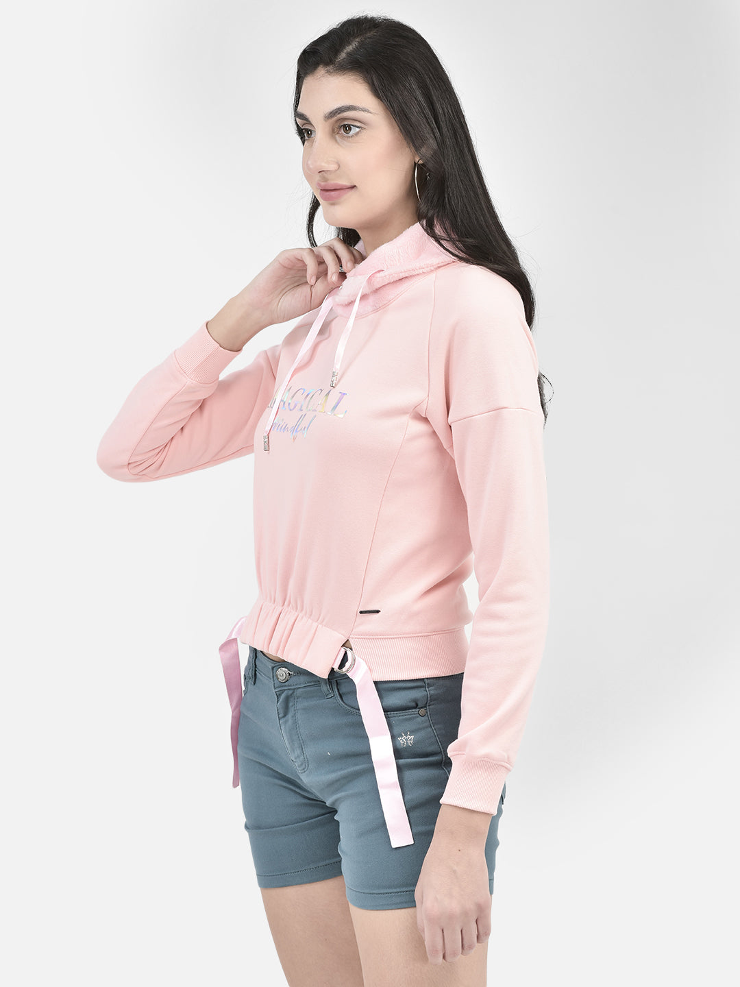 Pink Printed High Neck Sweatshirt-Women Sweatshirts-Crimsoune Club