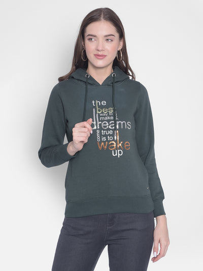 Green Printed Hooded Sweatshirt-Women Sweatshirts-Crimsoune Club