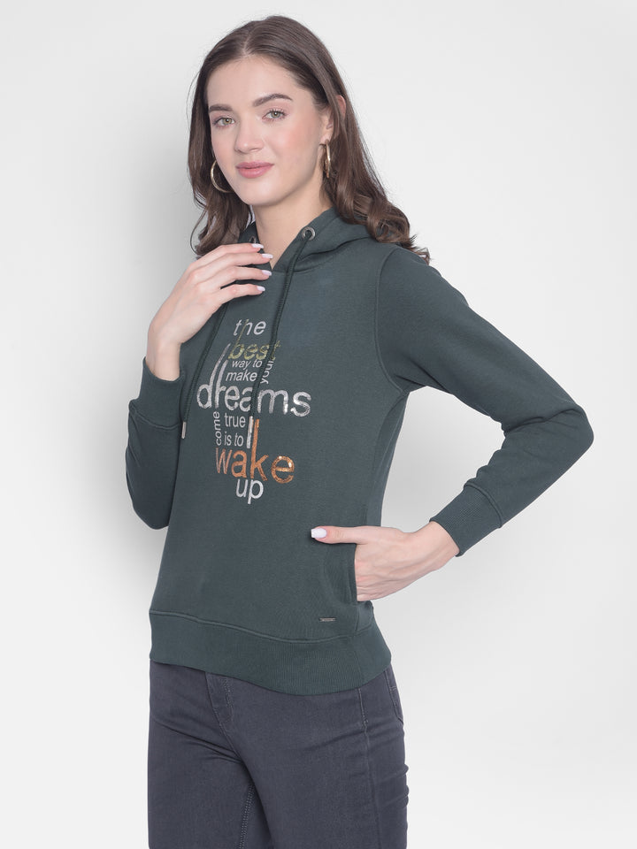 Green Printed Hooded Sweatshirt-Women Sweatshirts-Crimsoune Club