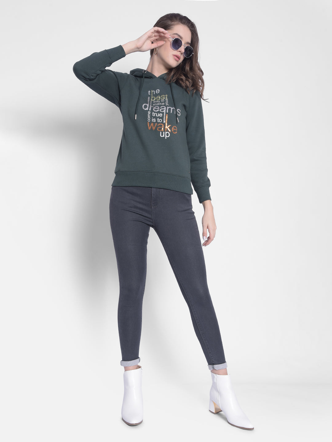Green Printed Hooded Sweatshirt-Women Sweatshirts-Crimsoune Club