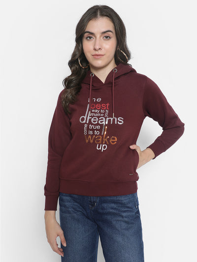 Maroon Printed Sweatshirt With Hood-Women Sweatshirts-Crimsoune Club