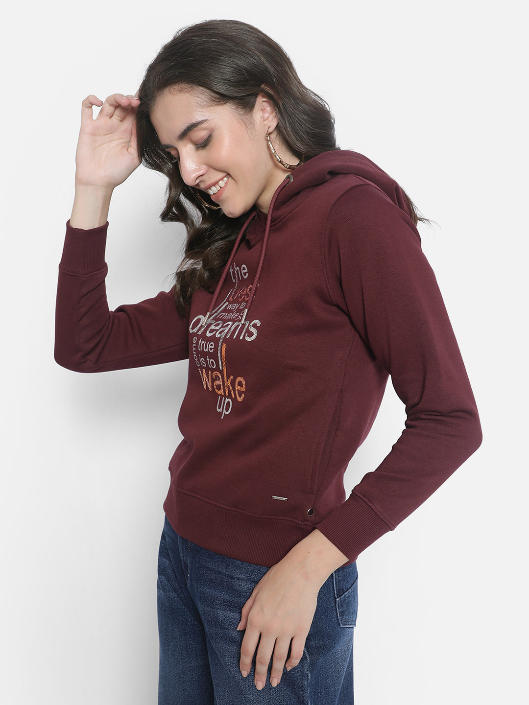 Maroon Printed Sweatshirt With Hood-Women Sweatshirts-Crimsoune Club