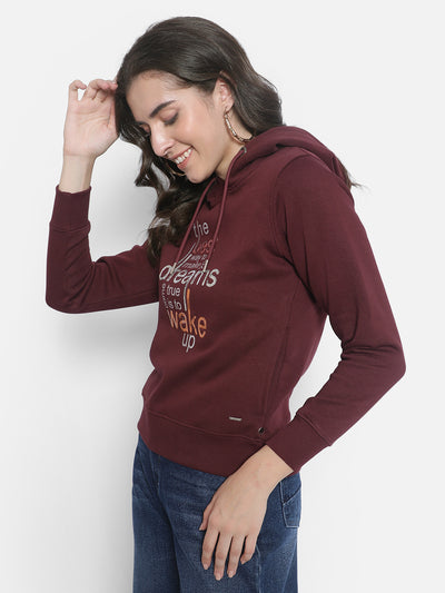 Maroon Printed Sweatshirt With Hood-Women Sweatshirts-Crimsoune Club