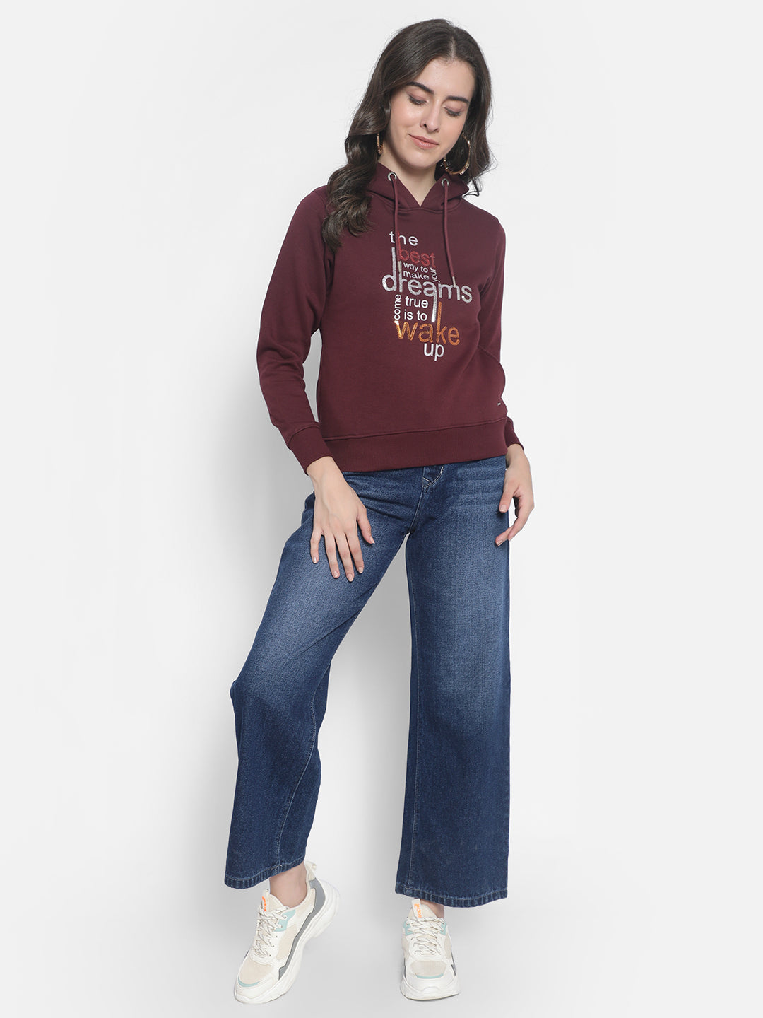 Maroon Printed Sweatshirt With Hood-Women Sweatshirts-Crimsoune Club