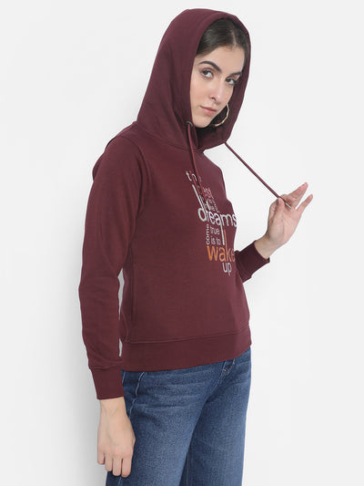 Maroon Printed Sweatshirt With Hood-Women Sweatshirts-Crimsoune Club