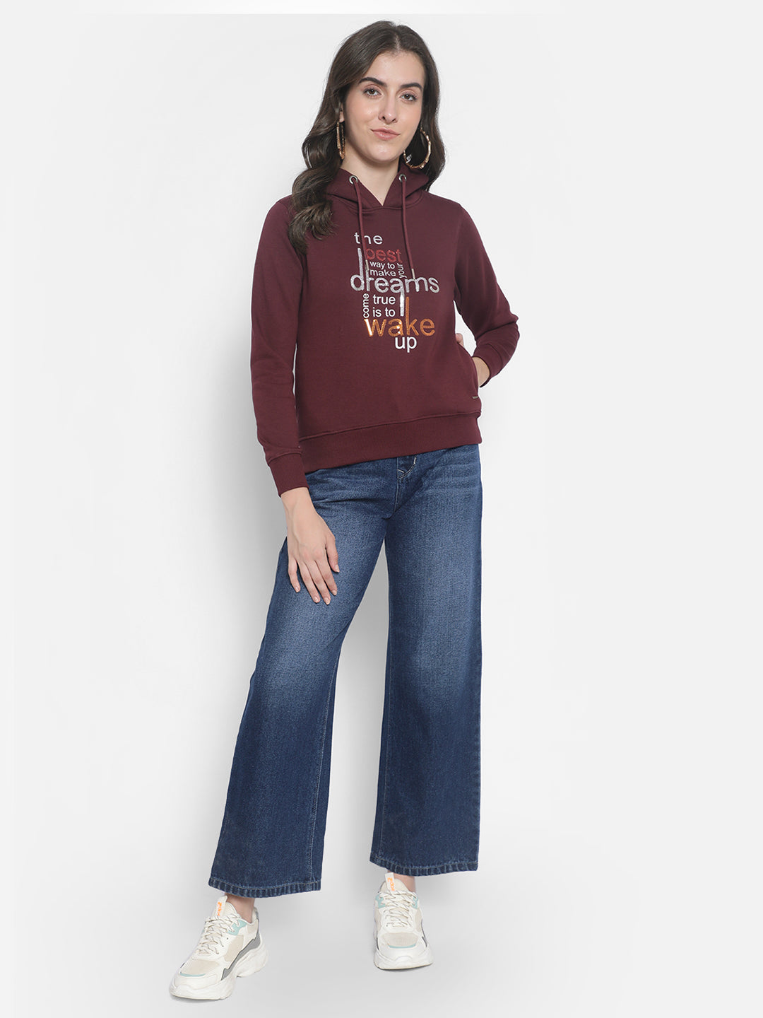 Maroon Printed Sweatshirt With Hood-Women Sweatshirts-Crimsoune Club