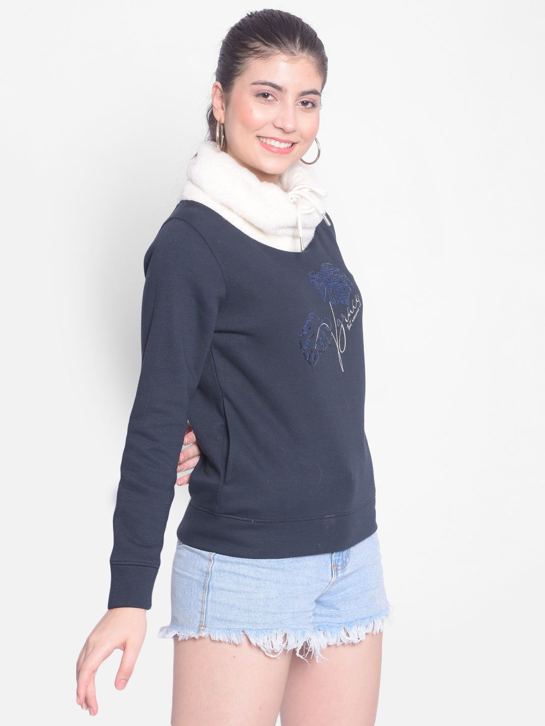 Navy Blue Printed Sweatshirt-Women Sweatshirts-Crimsoune Club