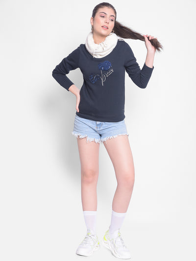 Navy Blue Printed Sweatshirt-Women Sweatshirts-Crimsoune Club