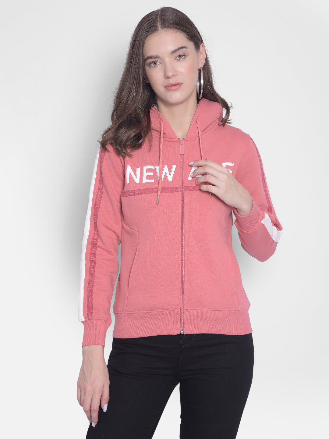 Pink Printed Front Open Sweatshirt-Women Sweatshirts-Crimsoune Club