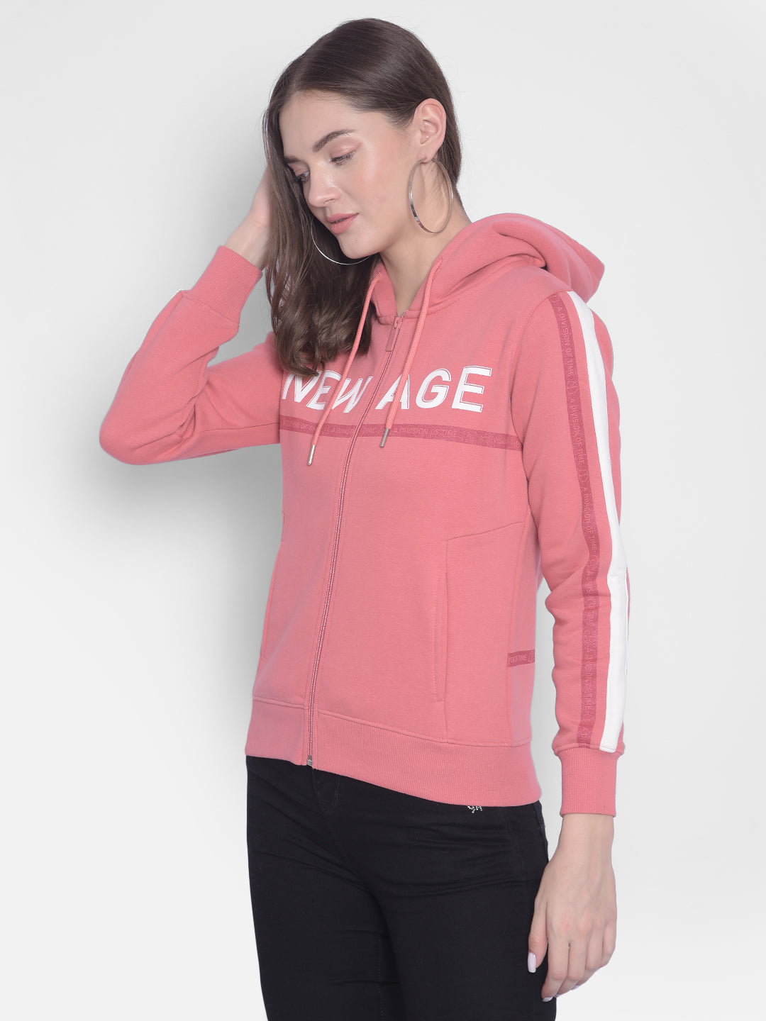 Pink Printed Front Open Sweatshirt-Women Sweatshirts-Crimsoune Club