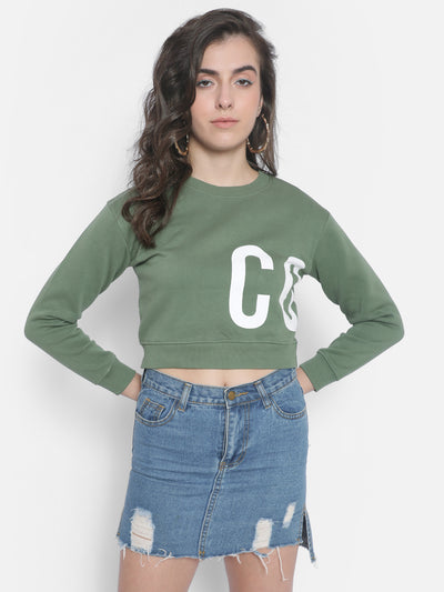 Green Printed Crop Sweatshirt-Women Sweatshirts-Crimsoune Club