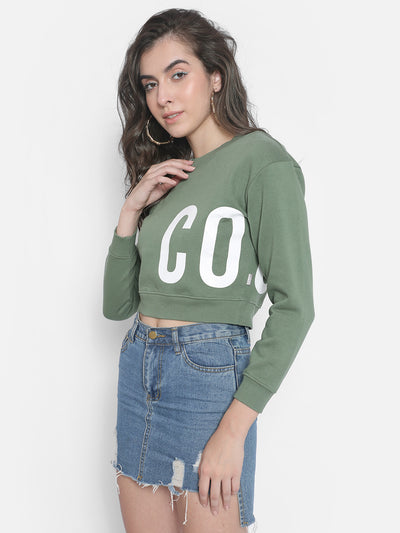 Green Printed Crop Sweatshirt-Women Sweatshirts-Crimsoune Club