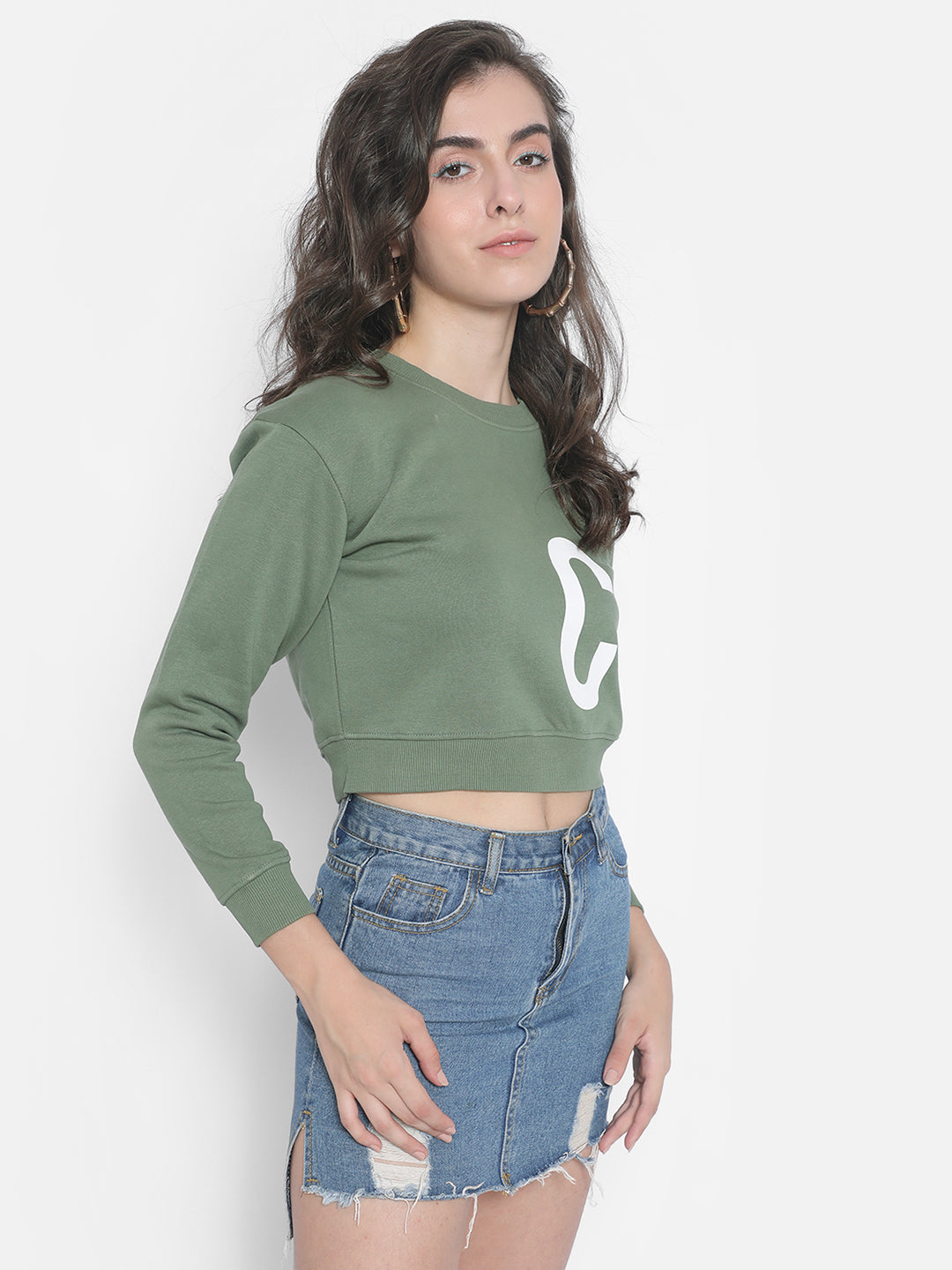 Green Printed Crop Sweatshirt-Women Sweatshirts-Crimsoune Club