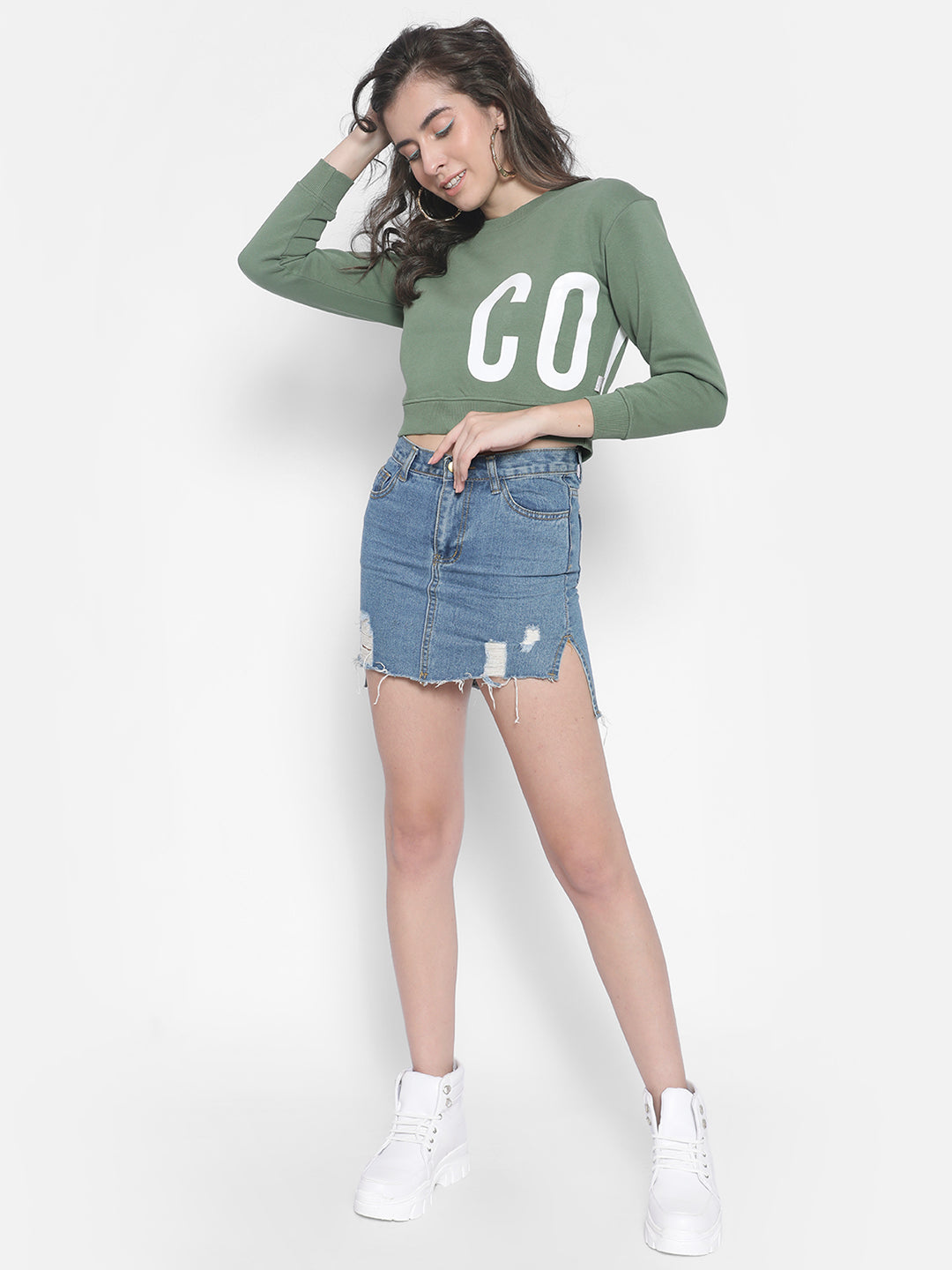 Green Printed Crop Sweatshirt-Women Sweatshirts-Crimsoune Club