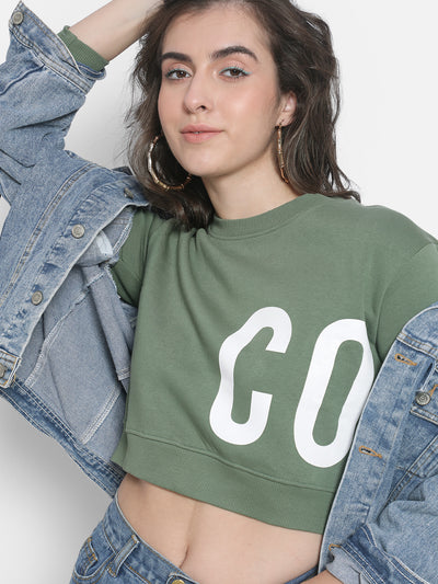 Green Printed Crop Sweatshirt-Women Sweatshirts-Crimsoune Club