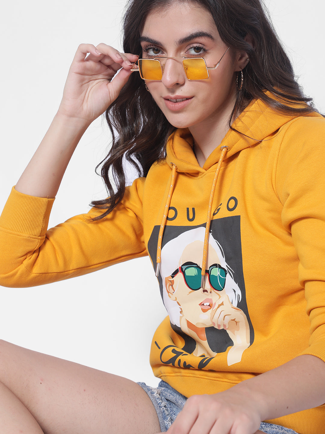 Mustard Printed hooded Sweatshirt-Women Sweatshirts-Crimsoune Club