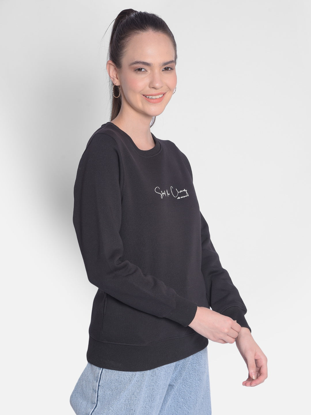 Black Printed Sweatshirt-Women Sweatshirts-Crimsoune Club