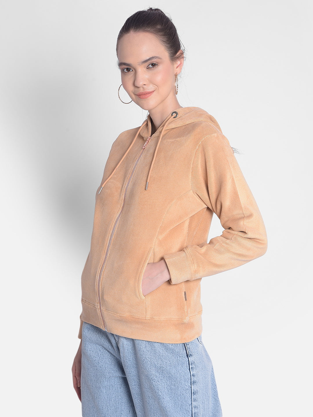 Brown Hooded Front-Open Sweatshirt-Women Sweatshirts-Crimsoune Club