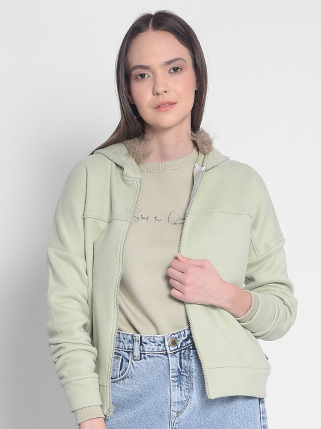 Olive Hooded Front-Open Sweatshirt-Women Sweatshirts-Crimsoune Club