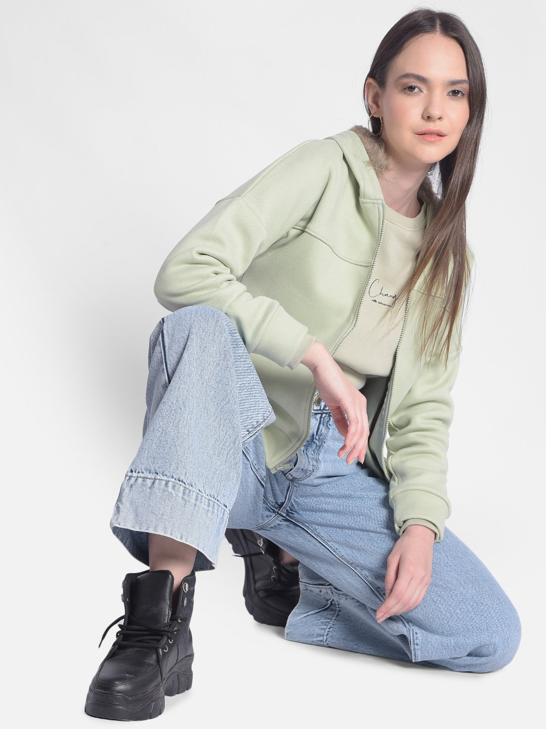 Olive Hooded Front-Open Sweatshirt-Women Sweatshirts-Crimsoune Club