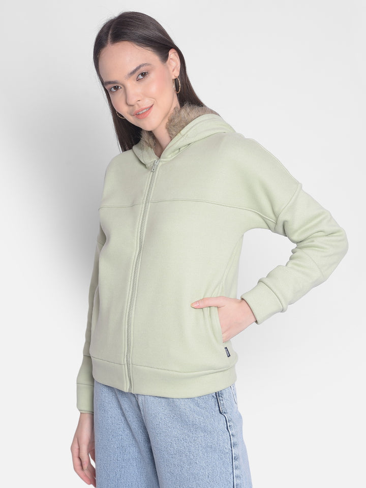 Olive Hooded Front-Open Sweatshirt-Women Sweatshirts-Crimsoune Club