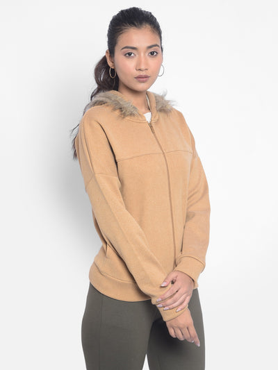 Brown Hoooded Front Open SweatShirts-Women SweatShirtss-Crimsoune Club