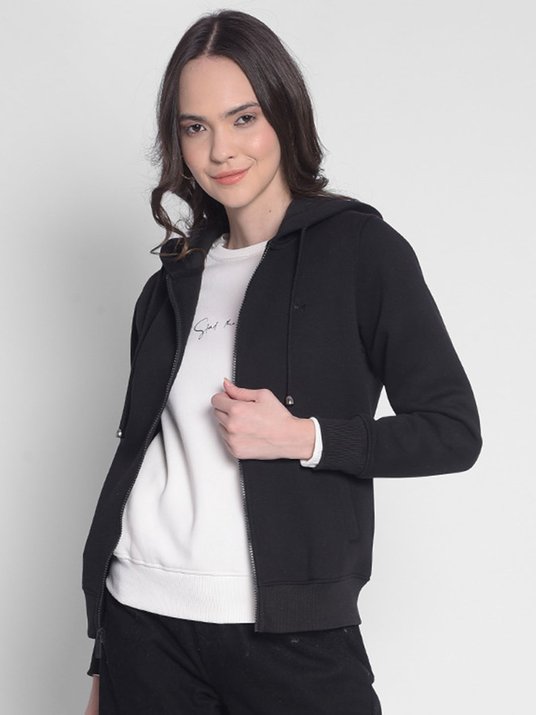 Black Hooded Front-Open Sweatshirt-Women Sweatshirts-Crimsoune Club