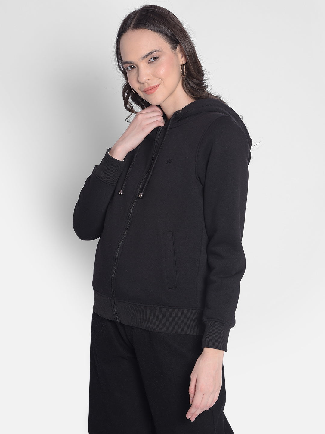 Black Hooded Front-Open Sweatshirt-Women Sweatshirts-Crimsoune Club