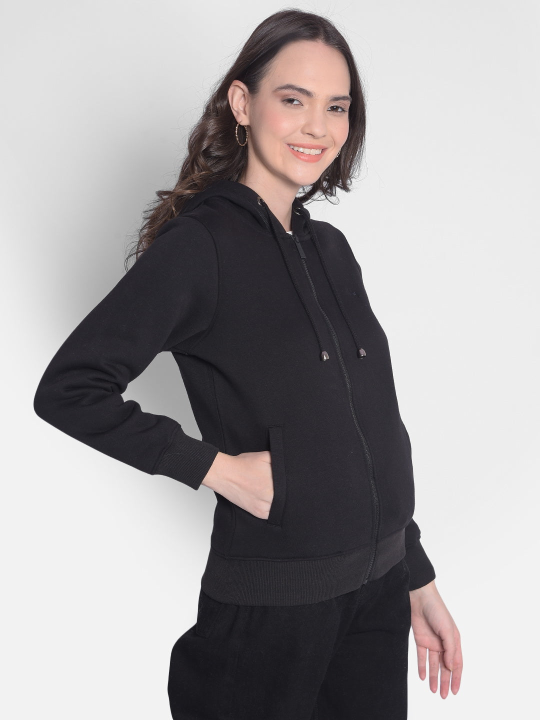 Black Hooded Front-Open Sweatshirt-Women Sweatshirts-Crimsoune Club