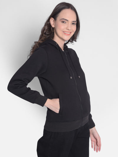 Black Hooded Front-Open Sweatshirt-Women Sweatshirts-Crimsoune Club