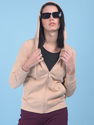 Beige Hooded Front-Open Sweatshirt-Women Sweatshirts-Crimsoune Club