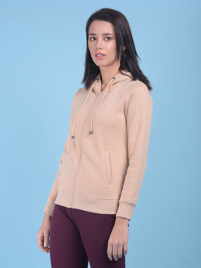 Beige Hooded Front-Open Sweatshirt-Women Sweatshirts-Crimsoune Club