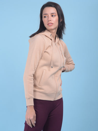 Beige Hooded Front-Open Sweatshirt-Women Sweatshirts-Crimsoune Club