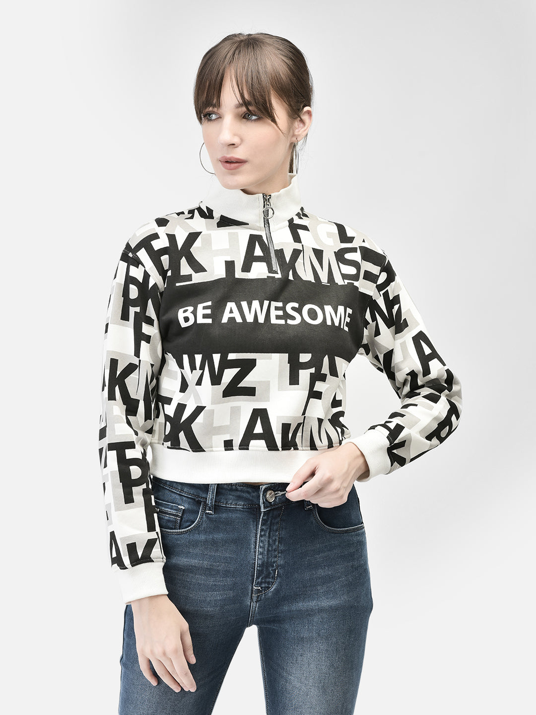 Black Printed Cropped Sweatshirt-Women Sweatshirts-Crimsoune Club