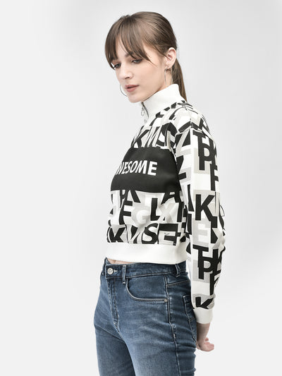 Black Printed Cropped Sweatshirt-Women Sweatshirts-Crimsoune Club